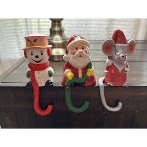 VTG Lot Of 3 Christmas Stocking Hangers Snowman Mouse Santa 80's Kitschy Holiday